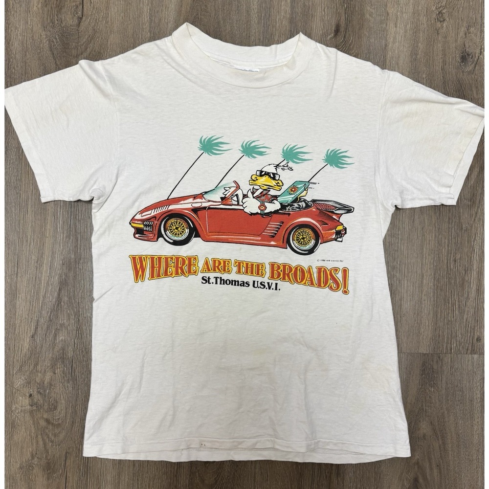 VTG 1988 Air Waves "Where Are the Broads" St Thomas Duck Car Tee Hanes M USA